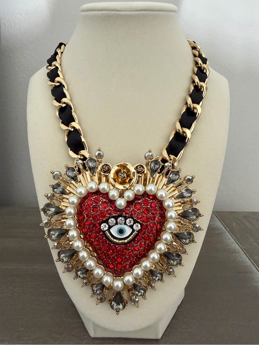 Betsey Johnson Rockin Riches Red Heart Evil Eye Pendant Statement Necklace
